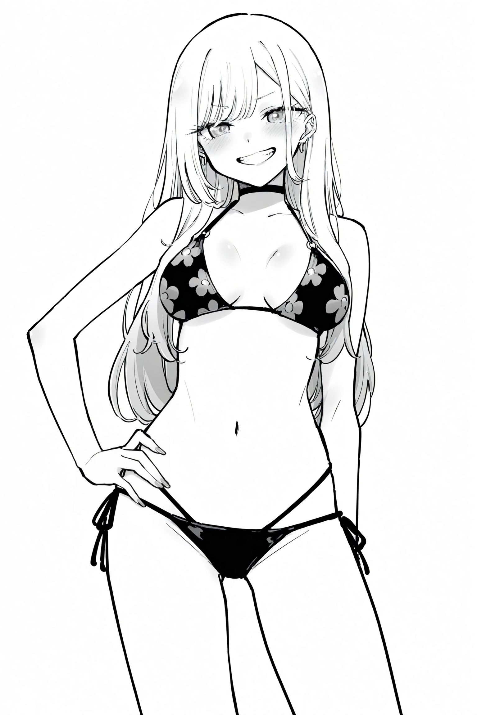 <lora:StS-Illustrious-Detail-Slider-v1.0:4>
greyscale,
 <lora:Tamarun_artist_style:1>
kitagawa_marin, sono_bisque_doll_wa_koi_wo_suru, 1girl, blonde_hair, looking at the viewer, gyaru grin,  black bikini, floral pattern, hand on hips, 
cowboy shot, girl is 18 years old,