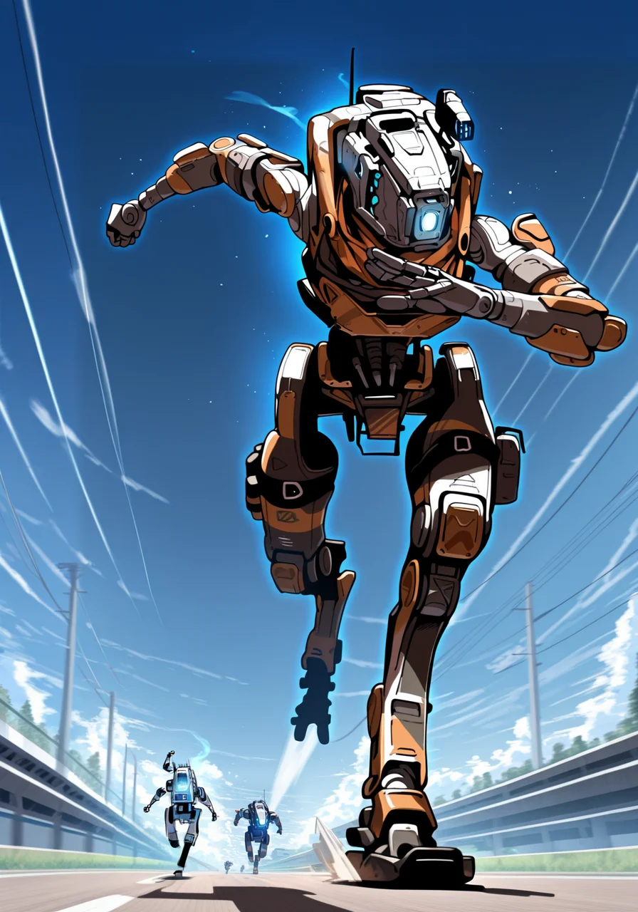 embedding:IllusP0s, spectre_\(titanfall\), humanoid robot, 1boy, running, low angle, dynamic shot,<lora:titanfall.safetensors:1.0:1.0>