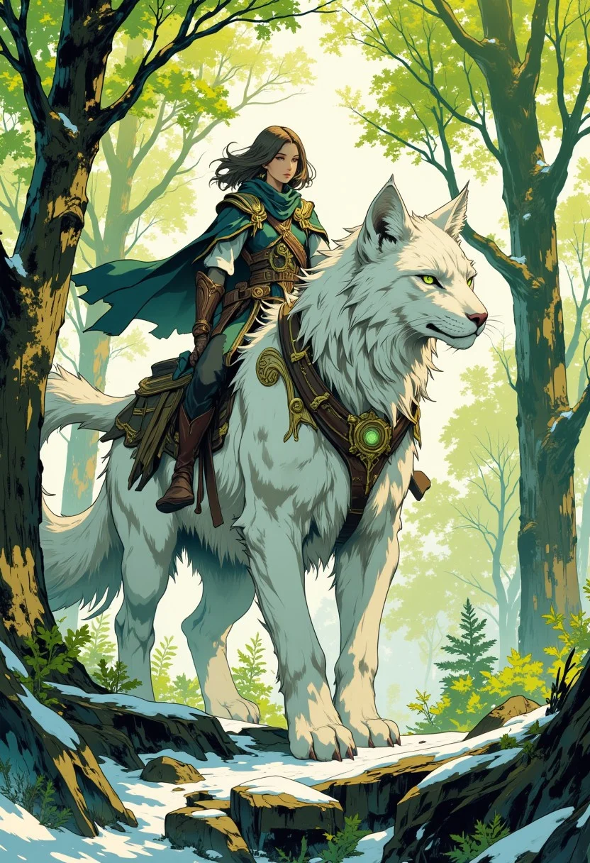 intricate linework with expressive contrasts, soft lighting with dynamic highlights, green forest with budding willow in early spring, small pockets of snow still under some trees, a human riding on the back of a large white feline. In the style of ff-td