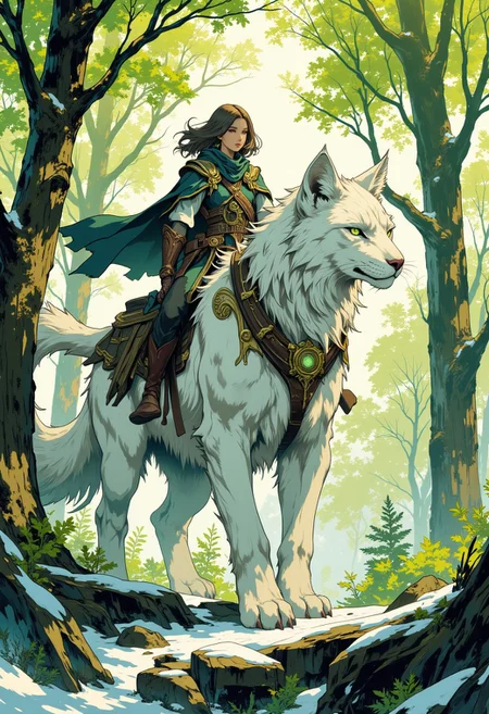intricate linework with expressive contrasts, soft lighting with dynamic highlights, green forest with budding willow in early spring, small pockets of snow still under some trees, a human riding on the back of a large white feline. In the style of ff-td