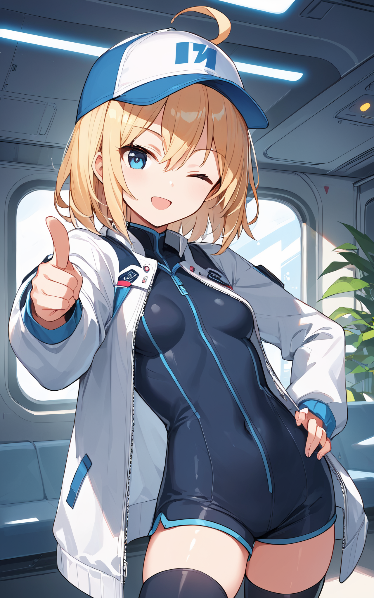 1girl, small breasts, blonde hair, sidelocks, medium hair, blue eyes, ahoge, baseball cap, bodysuit, long sleeves, shorts, thighhighs, coat over shoulders, unzipped, pointing at viewer, wink, indoors, hand on hand on own hip, spacecraft interior, bed, plant <lora:MHXXX:1>, score_9, score_8_up, score_7_up, score_6_up, score_5_up, score_4_up, BREAK source_anime, masterpiece