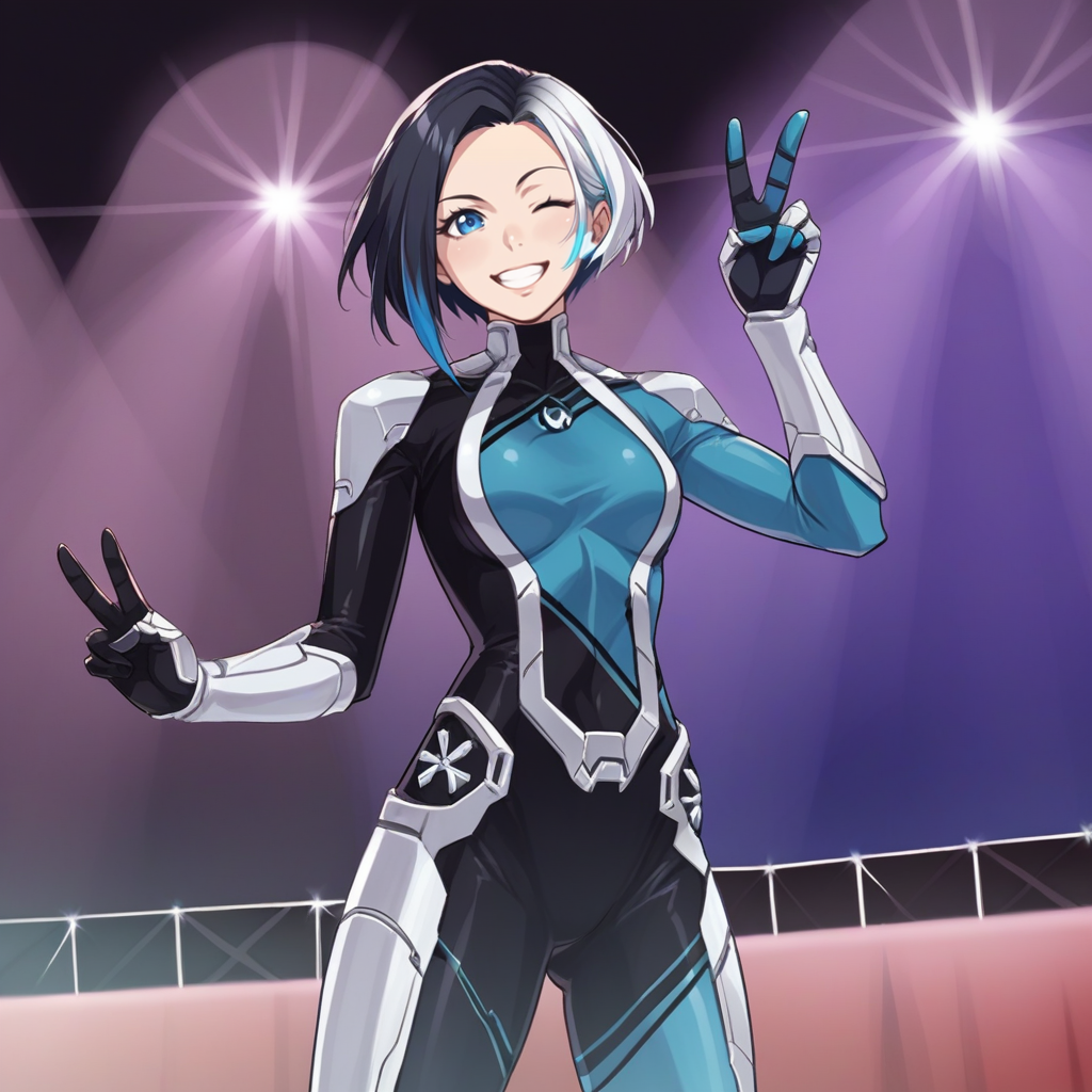 score_9, score_8_up, score_7_up, score_6_up, score_5_up, score_4_up, zPDXL2,source_anime,rating_questionable,1girl, solo, stage, concert, k-pop, <lora:Luna_Snow_-_Marvel:0.8> lunasnow, short hair, multicolored hair, two-tone hair,blue eyes, bodysuit,  peace sign, wink, >.<