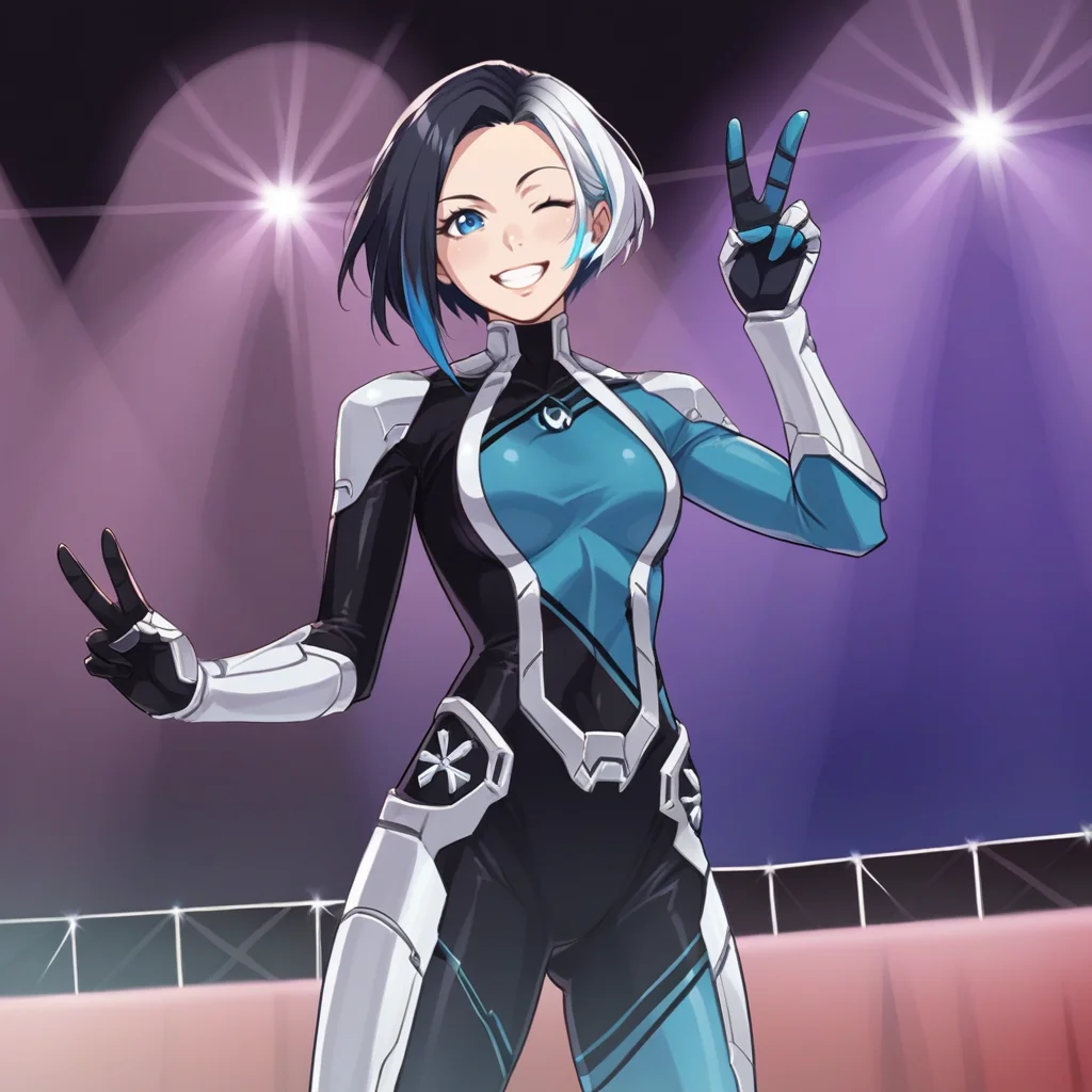 score_9, score_8_up, score_7_up, score_6_up, score_5_up, score_4_up, zPDXL2,source_anime,rating_questionable,1girl, solo, stage, concert, k-pop, <lora:Luna_Snow_-_Marvel:0.8> lunasnow, short hair, multicolored hair, two-tone hair,blue eyes, bodysuit, peace sign, wink, >.<