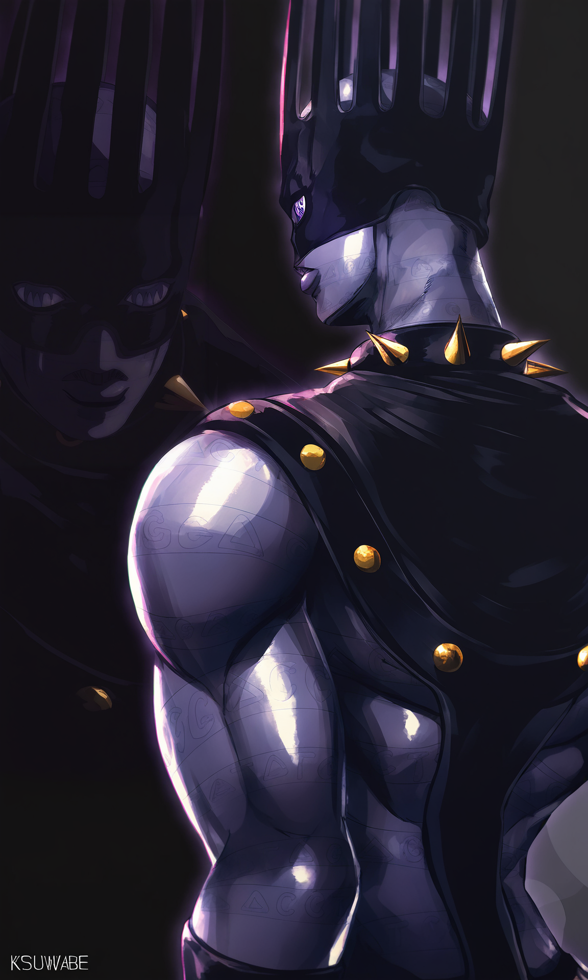 masterpiece, best quality, absurdres,
stand(jojo), artist:ksuwabe,
from behind, looking back, 
white_snake\(jojo_stone_ocean\), solo,
mask, crown, spiked collar,
tattoo, wristband,
purple skin, glowing outline, purple outline,shiny, reflection,
dark  background,
<lora:JOJO_WhiteSnake_iXL-000019:1>