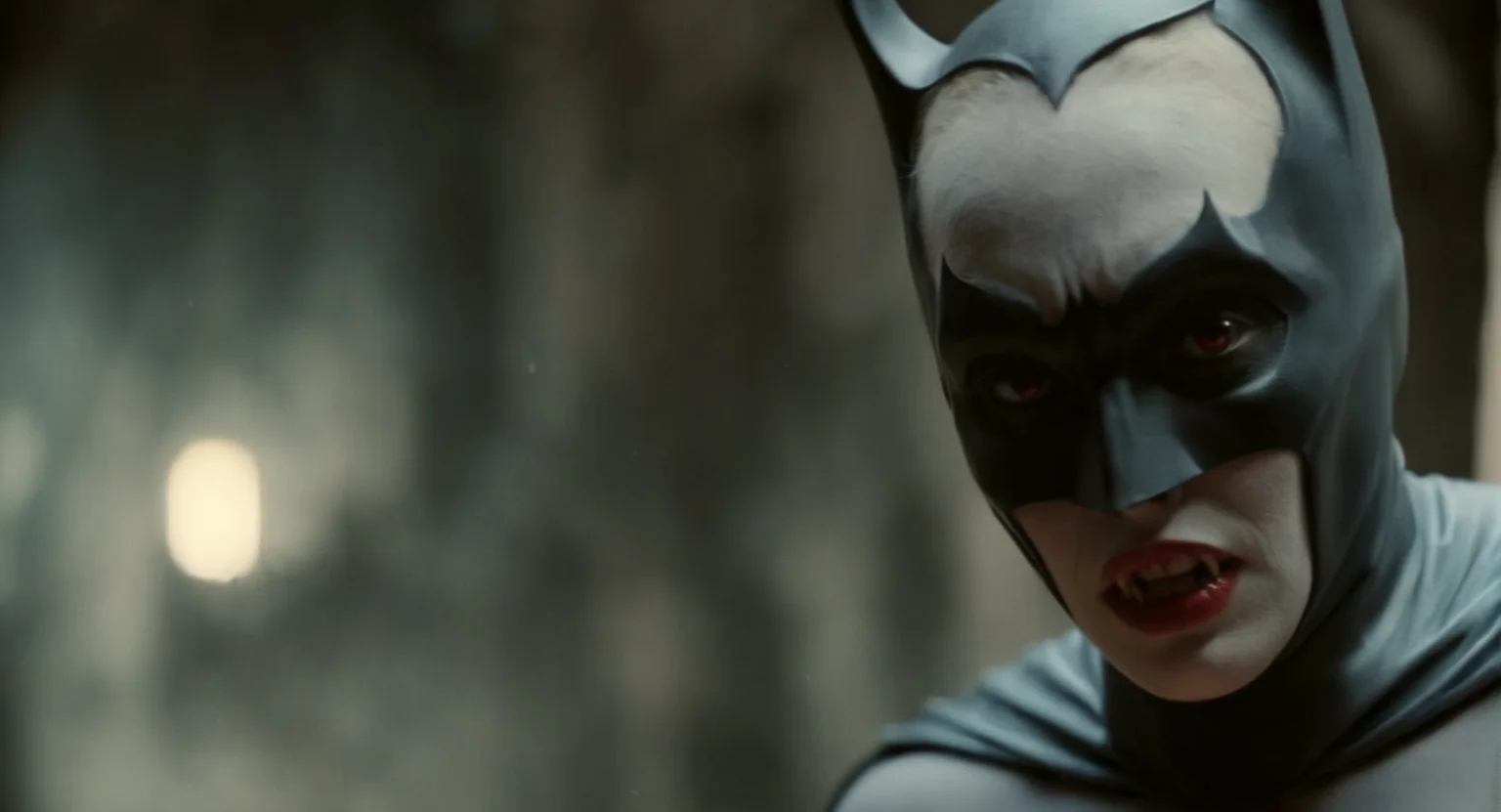 cinematic film still of Cinematic Film stock footage in (arri alexa style) Kodak film print, <lora:Batman Vampire:1> <lora:Vampire-000003:1> female Batman Vampire a naked woman in a bat costume and vampire fangs, shallow depth of field, vignette, highly detailed, high budget, bokeh, cinemascope, moody, epic, gorgeous, film grain, grainy