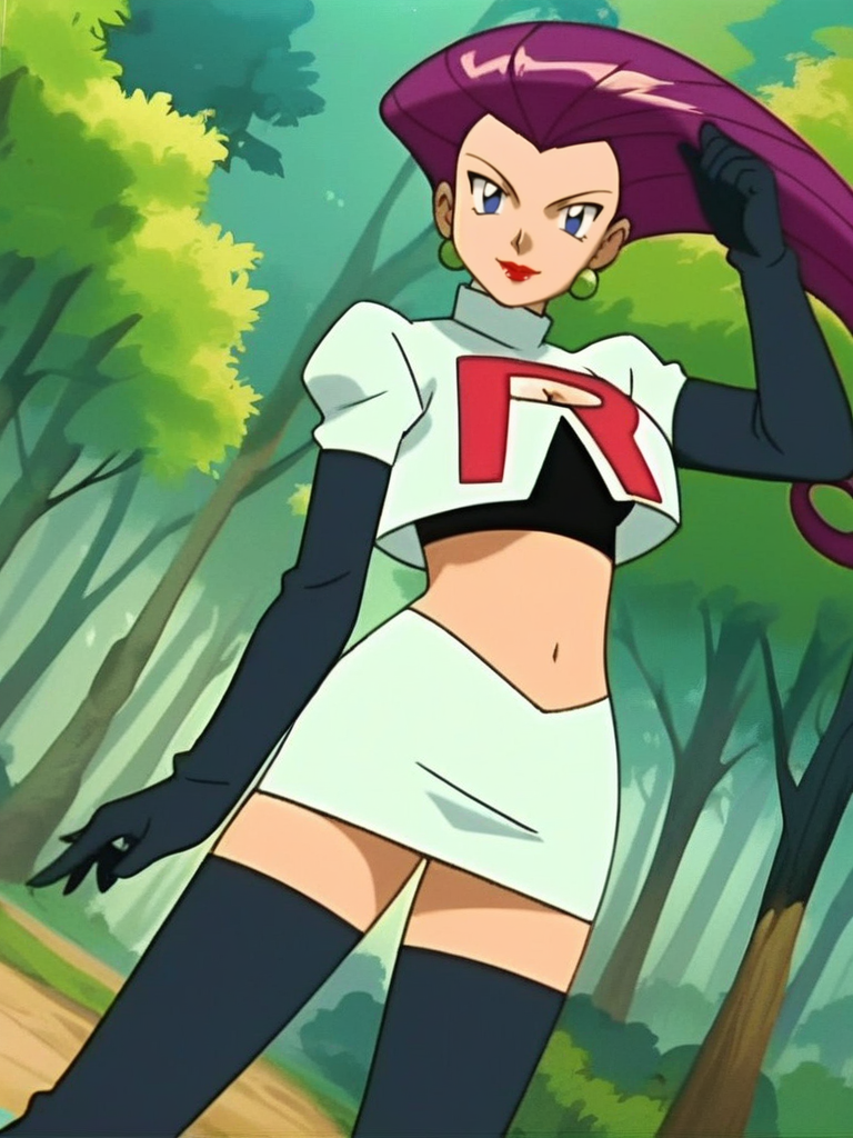 score_9, score_8_up, score_7_up, score_6_up, source_anime, 1girl, sexually suggestive, curvy, medium breast, sexy, looking at viewer, cowboy shot, dynamic pose, cute, solo, dutch angle, cleavage, forest, vegetation, smile, :D,
<lora:JessiePokeXLP_character:0.8>JessieXLP, purple hair, hair slicked back, blue eyes, jewelry, elbow gloves, crop top, navel, thighhighs, white skirt, red lipstick, thigh boots,  team rocket uniform, anime screencap,