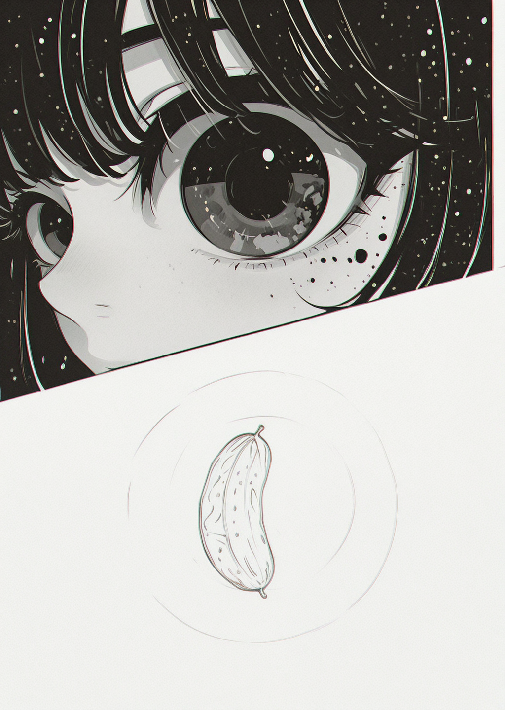monochrome, [realistic::16], [cucumbers:0.30], (cucumbers:1.3), (dynamic comparison:1.3), [sketch:no_lineart],  masterpiece, best quality, very aesthetic, (close-up:1.3), , extreme close-up shot,Fisheye lens effect,Chromatic Aberration,white background, [minimalism:0.70], [outline:0.60],  , nebula AND cat,