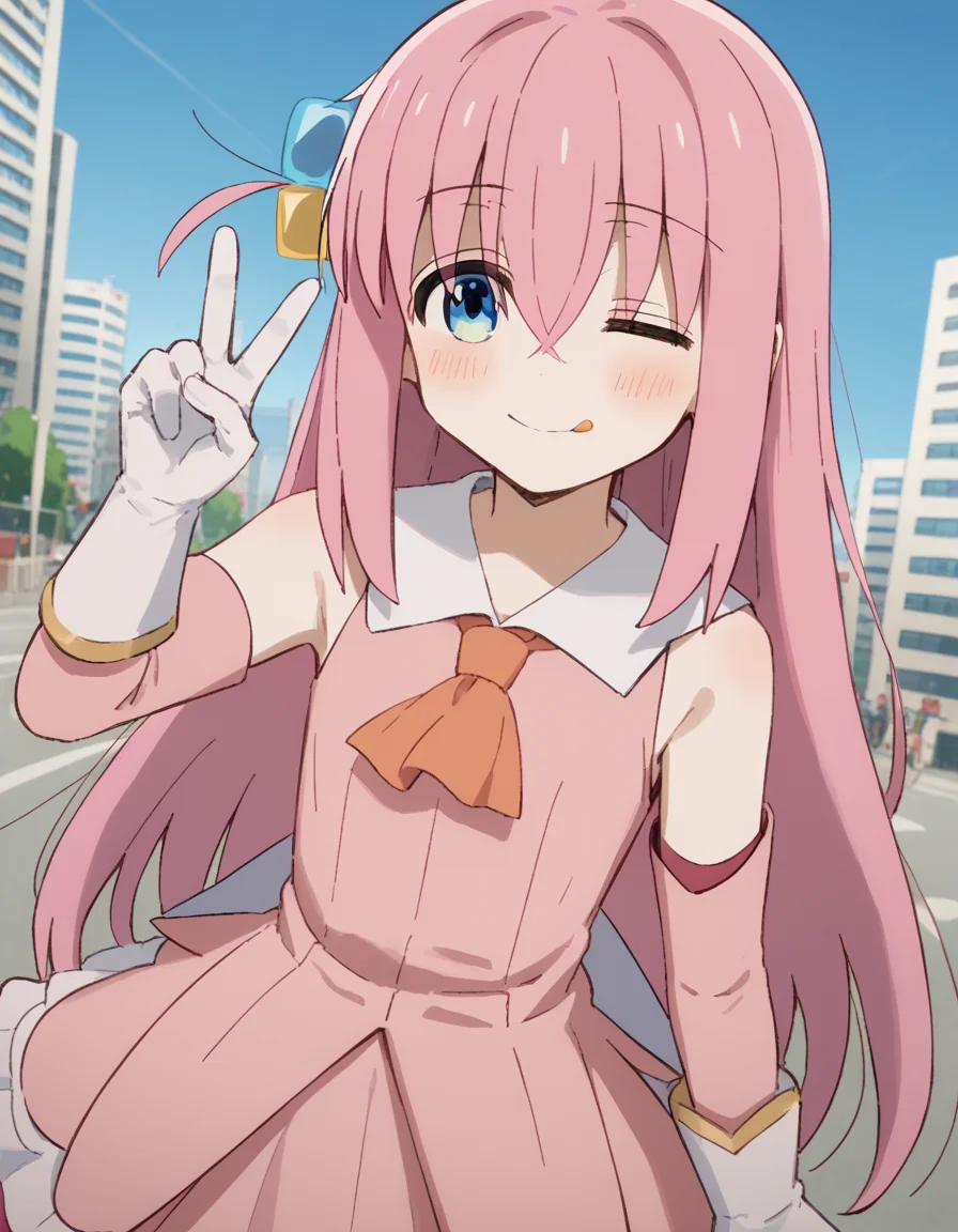 score_9, score_8_up, score_7_up, source_anime, hitorigotou, <lora:hitori-gotou-s1-ponyxl-lora-nochekaiser:1>, hitori gotou, blue eyes, cube hair ornament, hair between eyes, hair ornament, pink hair, one side up, long hair, <lora:prisma-illya-cosplay-ponyxl-lora-nochekaiser:1>, prismaillyacosplay, prisma illya \(cosplay\), dress, elbow gloves, feather hair ornament, feathers, frilled dress, frills, gloves, hair ornament, layered gloves, magical girl, orange ascot, pink dress, pink feathers, pink gloves, pink sleeves, white gloves,, cityscape, street, smile, blush, v, v over eye, one eye closed, tongue out,, cowboy shot, dutch angle, solo,
