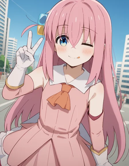 score_9, score_8_up, score_7_up, source_anime, hitorigotou, <lora:hitori-gotou-s1-ponyxl-lora-nochekaiser:1>, hitori gotou, blue eyes, cube hair ornament, hair between eyes, hair ornament, pink hair, one side up, long hair, <lora:prisma-illya-cosplay-ponyxl-lora-nochekaiser:1>, prismaillyacosplay, prisma illya \(cosplay\), dress, elbow gloves, feather hair ornament, feathers, frilled dress, frills, gloves, hair ornament, layered gloves, magical girl, orange ascot, pink dress, pink feathers, pink gloves, pink sleeves, white gloves,, cityscape, street, smile, blush, v, v over eye, one eye closed, tongue out,, cowboy shot, dutch angle, solo,