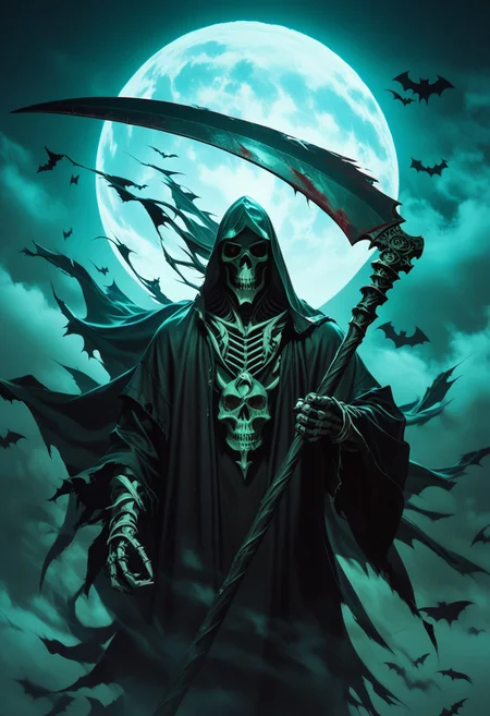 score_9,score_8_up,score_7_up, grim reaper, large scythe, torn clothes, foggy cemetry, full moon, bats flying in the sky