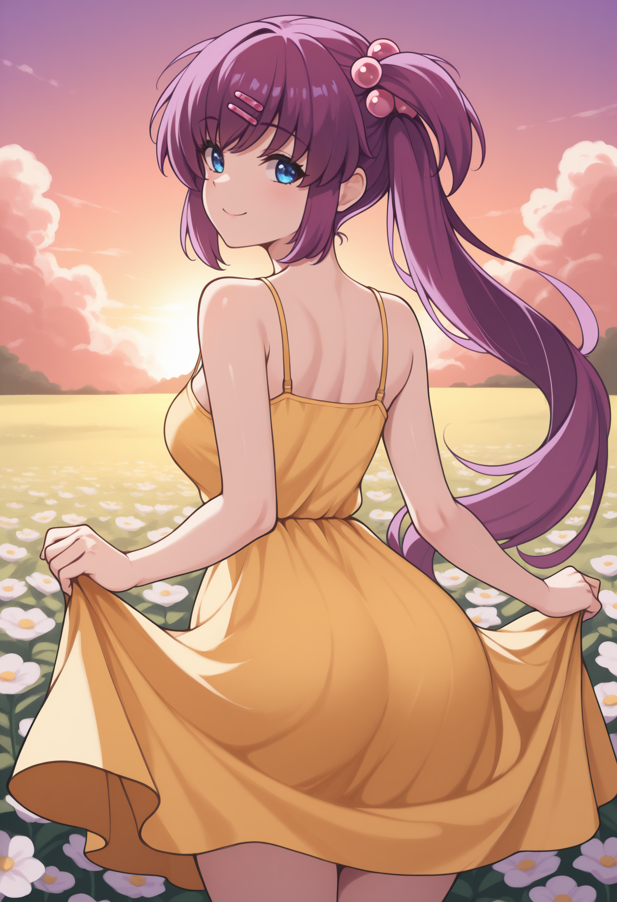 masterpiece, best quality, newest, from behind, solo, 1girl, sa1gusa, smile, looking back, skirt hold, purple hair, side ponytail, hairclip, hair bobbles, blue eyes, yellow sundress, spaghetti strap, bare shoulders, outdoors, sunset, cloud, flower field
<segment:yolo-Anzhc Face seg 640 v3 y11n.pt,0.4,1//cid=11>
