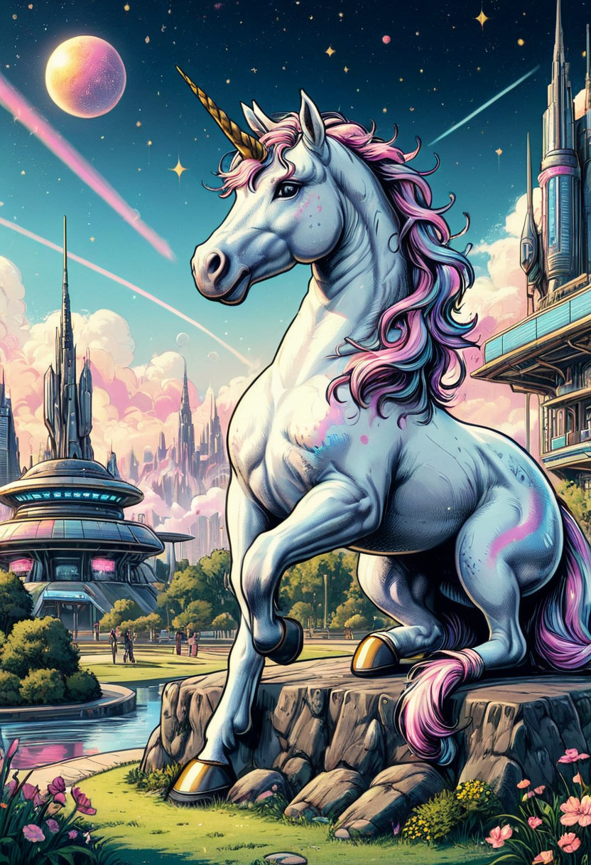 A sitting unicorn, in a scifi park setting, mobe-90c0m, <lora:RetFutCom-V1:0.80>,