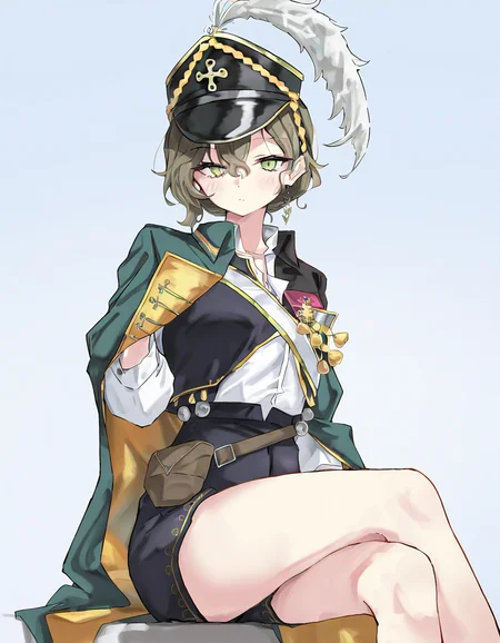 1girl,solo,looking at viewer,simple background,white background,xugouji\(junfu\),military hat,cowboy shot,sitting,<lora:xugouji-000008:1>,, masterpiece, best quality, very aesthetic, absurdres,newest, incredibly absurdres,, toshizou \(0714\)