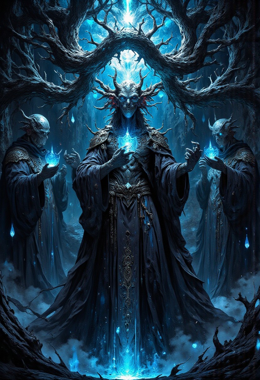famous hyper-realistic fantasy painting, realistic, photo-realistic, highly aesthetic, accurate, ultra detailed, accurate, high resolution, uhd, 8k, 4k, dramatic, dutch angle, rule-of-thirds, epic, at night, dim lighting, generations journey reach the hallowed end, suspended water, plasma of the sacrament, the black key of the veil, the black path of water bridges transcendency, corporeal constraints, corporeal shedding, cimerian weeping caught in tired chaliced hands, disciples parched lips, imbibe sable revered essence, with dried throats consumed to expand into divine command, ethereal vision's dawn, ethereal inception, seeing through hidden screens, woven branches undulate, weaves of crystal replicate, ghastly silhouette, bringer of madness, deathless watcher, interdimensional entity, ethereal light, eldritch runes, lovecraftian, cthulhu mythos, mythp0rt, hkdeath, <lora:style-mythic_fantasy-v2-flux-by_velvets:0.68> <lora:living_death-flux-by_hailoknight:0.96> <lora:epic_gorgeous_details-balance-flux-by_flyway:0.68> <lora:image_enhancer-flux-by_dever:0.68>