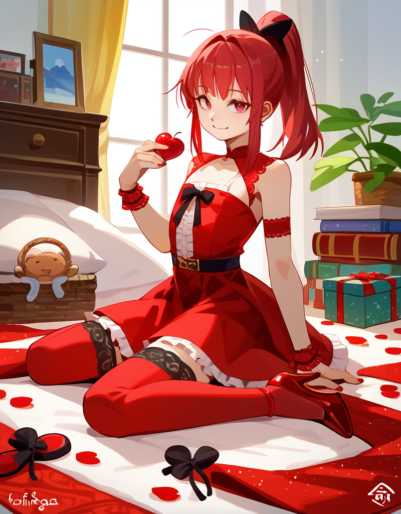 zPDXL2,  <lora:YadokugaeruV1:1>, yad0kug4eru, yadokugaeru, 
1boy, crossdressing, cute face, detailed eyes, long red hair, ponytail, red dress, red skirt, red thighhighs, red high heels, red eyes, looking at the viewer, smiling