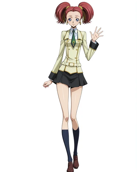 anime coloring,anime screencap,
highres,best quality,masterpiece,
shiny skin,
BREAK
<lora:transparent-background-illustriousxl-lora-nochekaiser:1>,transparent background,(white background:1.1),
Code Geass,
BREAK
<lora:Carine_ne_Britannia_Code_Geass_IL:1>,carbritan,1girl,solo,flat chest,twintails,blue eyes,red hair,short twintails,earrings,short hair,
ashford academy school uniform,black miniskirt,green necktie,
standing,full body,smile,waving,