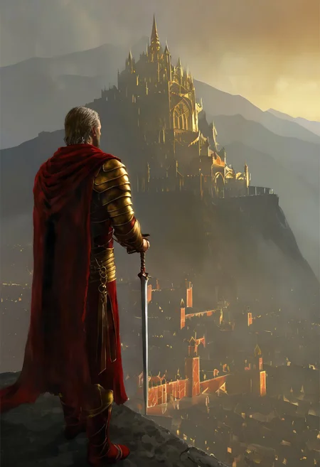A king looking from a very high castle, perspective is 3rd person from the king, he is looking at his vast kingdom, he wears red and golden medieval rope and his kingdom has a style of Gondor
