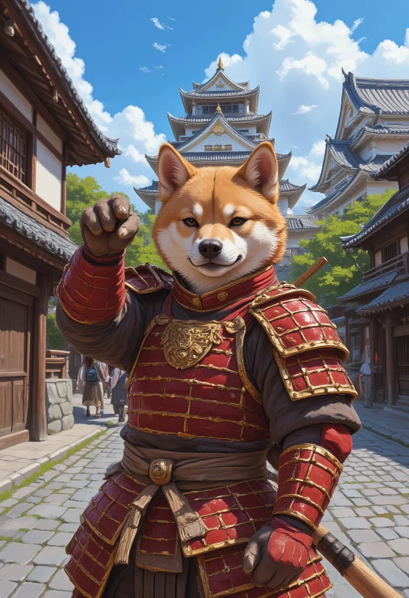 anthr0dnd, The image is a digital painting in a fantasy art style, depicting an anthropomorphic shiba inu dressed in samurai armor, holding a baseball bat pointed toward the viewer, standing on a stone street in front of a traditional Japanese castle. The anthro shiba inu, with relaxed and confident expression, wears red and gold armor. It is beautiful summer day and the blue sky is clear. The courageous and virtuous dog is a protector of the innocent.  mysterious, atmospheric, vibrant, high contrast of shadow and light, portrait, anime style oil painting