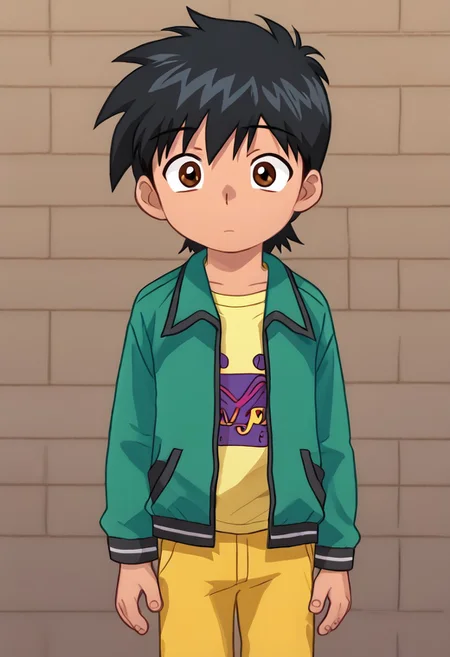 1boy, solo, Hajime Aoyama, Black Hair, Brown Eyes, Green Jacket, Yellow T-Shirt, Khaki Pants, easynegative