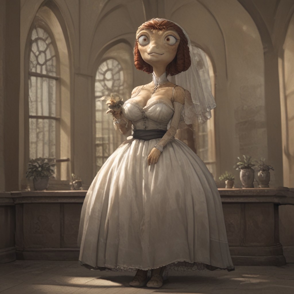 <lora:cutesexyronutts_style_xl:0.7> csr style,  hi  res,  BREAK,        BeansPXL (((1girl))), (((full body))), brown hair, brown eyes, short hair, drill hair, cheek freckles, gap toothed, lips, lizard female, scales, scalie skin, solo,  (large breast:1.4),  veil,  wedding gown,  smiling,   flexing arms, green ballroom,  ornate surroundings, potted plants, stained glass windows, (cinematic light:1.3),   (romantic setting:1.3) ,  holding flowers, <lora:Pony_QualityV4.0:1.12>, zPDXL2,  zPDXLxxx, zPDXLrl