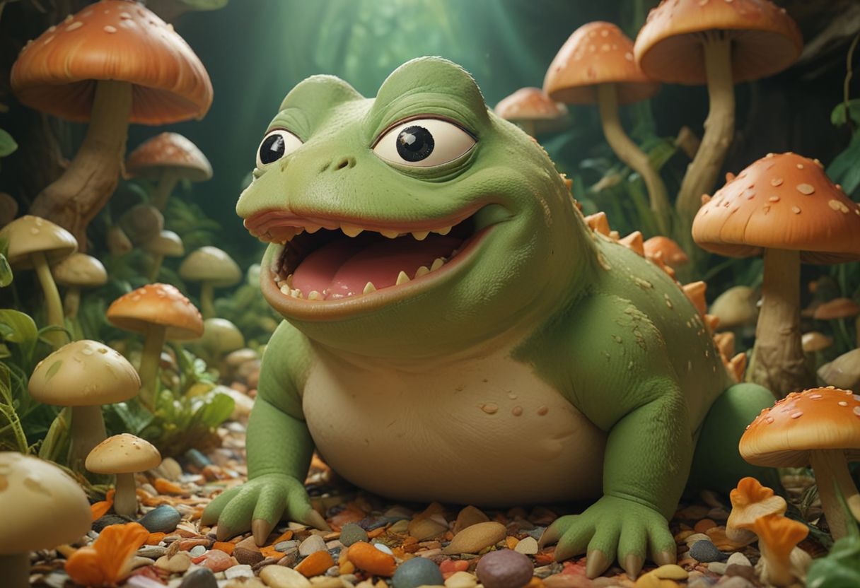 cinematic, sense of scale, 1 large stoned pepe_frog+chonkasaurus, psychedelic shroomroom, <lora:chonkasaurus-000003:1>, <lora:add-detail-xl:2>