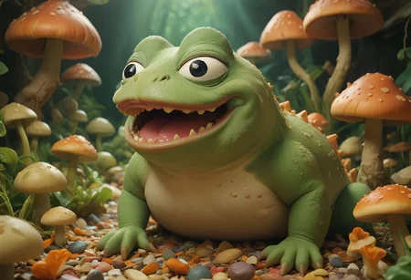 cinematic, sense of scale, 1 large stoned pepe_frog+chonkasaurus, psychedelic shroomroom, <lora:chonkasaurus-000003:1>, <lora:add-detail-xl:2>