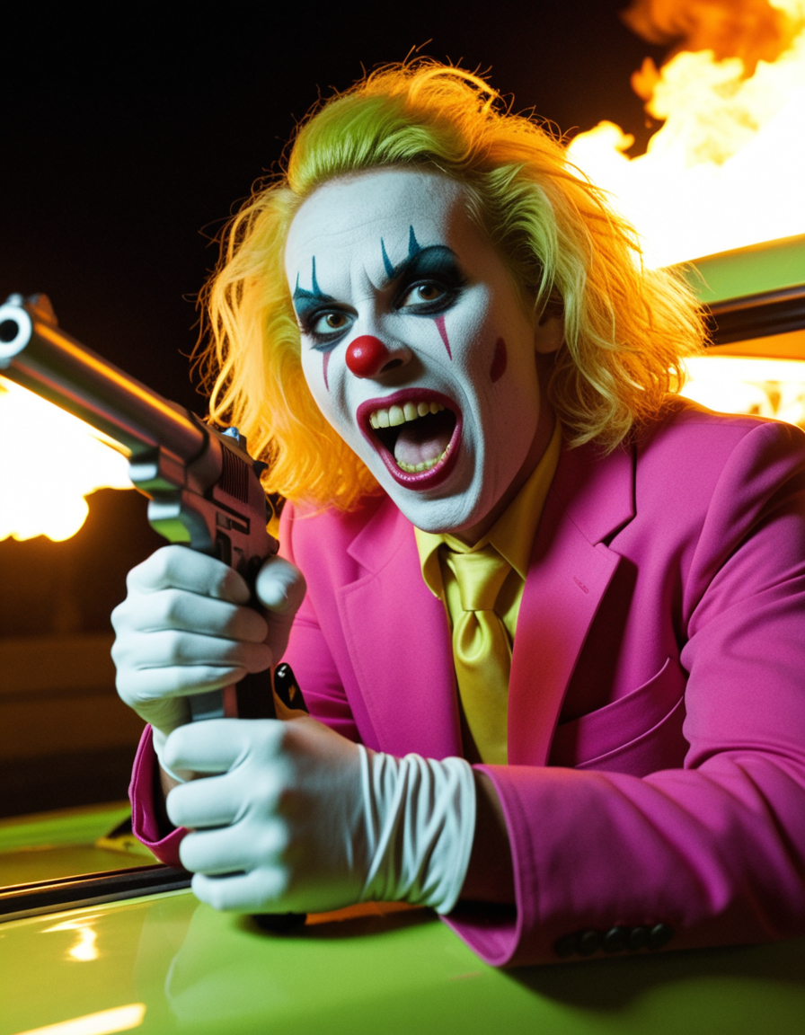 score_9, score_8_up, score_7_film film photographyrmuller, Ron Fricke style, Photography, drive by shooting, night, demonic clown inside neon green vintage car, pearl white eyes, clown is holding big white gun, yellow hair, large fangs in mouth, sharp teeth, skin pores, wearing hot pink suit, car burning, flames on car, glowing car, bokeh, intricate sharp details, ultra high res, masterpiece, realism, realistic, cinematic still,<lora:Robby_Müller_Cinematographer_Style_SDXL:0.6>