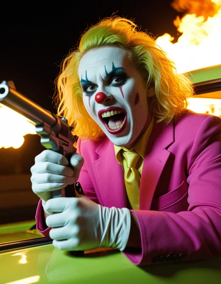 score_9, score_8_up, score_7_film film photographyrmuller, Ron Fricke style, Photography, drive by shooting, night, demonic clown inside neon green vintage car, pearl white eyes, clown is holding big white gun, yellow hair, large fangs in mouth, sharp teeth, skin pores, wearing hot pink suit, car burning, flames on car, glowing car, bokeh, intricate sharp details, ultra high res, masterpiece, realism, realistic, cinematic still,<lora:Robby_Müller_Cinematographer_Style_SDXL:0.6>
