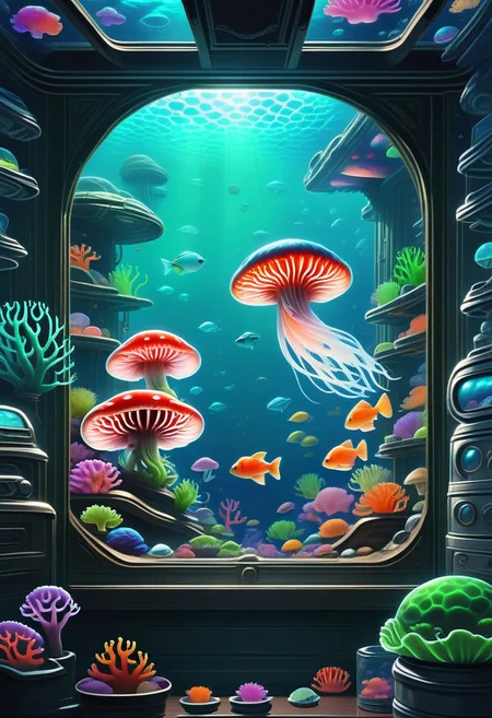 score_9, score_8_up, score_8, zPDXL,
BREAK,
scifi, indoors, no humans, fish, underwater, mushroom, jellyfish, coral, aquarium, window,
