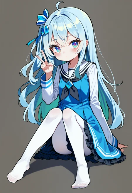 score_9, source_anime, score_8_up, score_7_up,simple background,white background,<lora:madobev1-000040:0.7> madobev1,full body,sitting,v sign,cyan hair,multicolored eyes, one side up, white_pantyhose,barefoot,no shoes, serafuku, hair ornament, hair bow,black neckerchief,white frills,