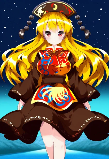 ruu style, ((outside)), ((space)), ((river)), ((junko)), 1girl, solo, blonde hair, red eyes, long hair, (standing), ((flying)), (posing), (serious gaze), (looking at viewer), ((large breasts)), black headwear, black dress, long sleeves, tabard, phenix print, (legs)