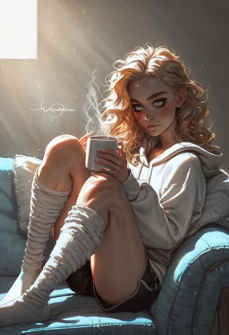 score_9, score_8_up, score_7_up, BREAK 1girl, sitting on an armchair, relaxed and cosy pose, detailed eyes, long wavy blonde hair, smooth and flawless porcelain skin, symmetrical features, soft blush on cheeks, small and well-defined nose, full and glossy pink lips, long eyelashes, arched eyebrows, delicate jawline, subtle and natural makeup, charming and inviting, wearing an oversized hoodie, knee-high socks, casual shorts just peeking out, holding a mug with both hands, warm and soft lighting, messy yet charming living room, scattered throw pillows, simple background