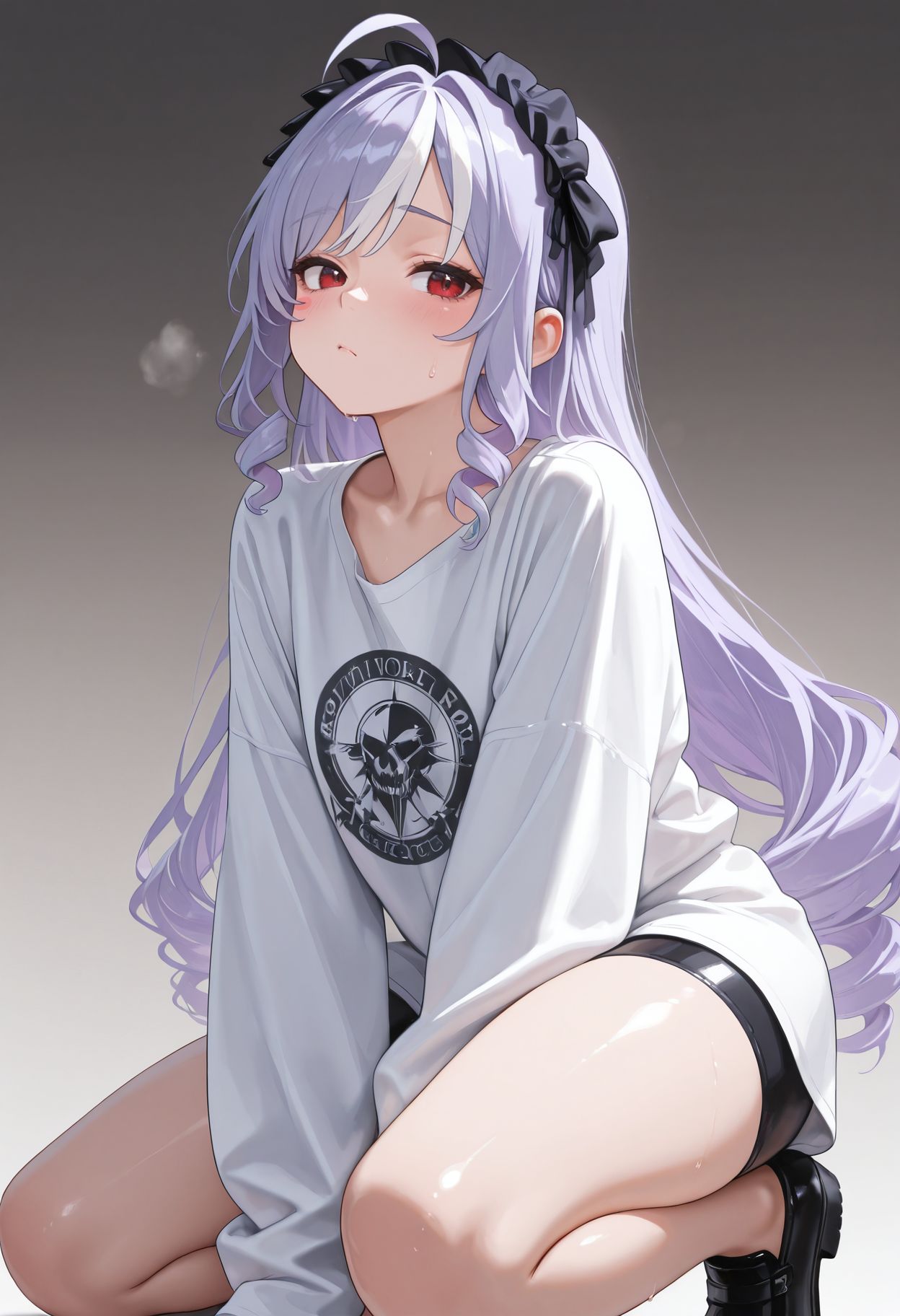 masterpiece,best quality,amazing quality, absurdres, <lora:vivian_zzz_ilxl_goofy:1> vivianZzz,red eyes,ahoge,streaked hair,black hairband,frilled hairband,  hair bow, blush stickers ,Oversized Shirt, Biker Shorts, Gradient Background, on one knee