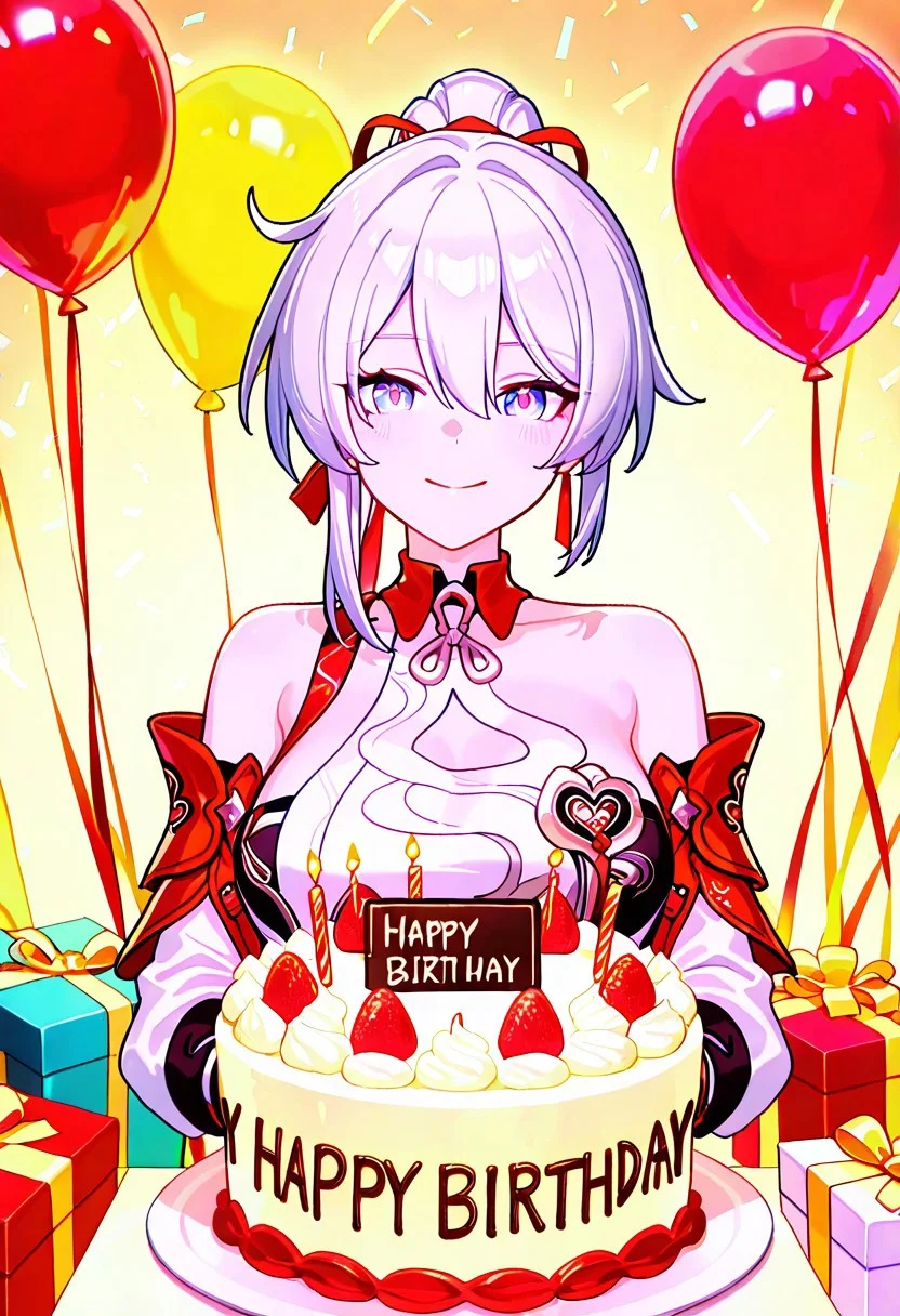 Kiana, 
1girl, KiaKaBum, 
looking at viewer, happy birthday, solo, birthday, cake, candle, balloon, gift, smiling, happy face,
masterpiece, best quality, aesthetic, newest, 
(honkai impact 3rd, official art, chinese commentary, game cg,:0.8),
(very awa, very aesthetic, masterpiece, best quality, highres, absurdres, :1.2), ARKNIGHTS ELITE