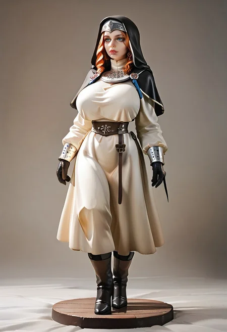 safe_pos, absurdres, hires, score_9, score_8_up, score_7_up, painterly, faux traditional media, renaissance, (full body, from the front), no helmet, European woman, tall and muscular, standing proud, Spanish musketeer with ornate breastplate, large claymore on her back, (late medieval European city background),Elysium, (huge breasts)