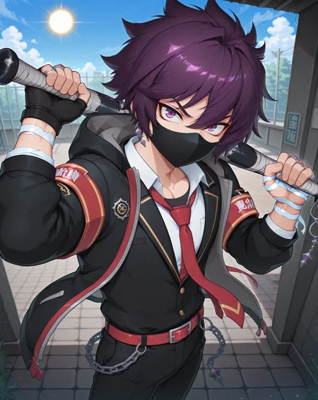 masterpiece, amazing quality, best quality, absurdres, very aesthetic,
1boy, solo, yaoi, male focus, cowboy shot, upper body, looking at viewer, face focus,
<lora:Sieghart_Delinquent_ilxl:1> sieghartdelinquent, purple eyes, purple hair,short hair,
fingerless gloves, red armband, black gloves, mouth mask, red necktie, bandaged hand, chain, bandages, black jacket, white shirt, school uniform, red belt, hood, ring, bandaged arm, long sleeves, collared shirt, black pants, shoes,
holding baseball bat, jewelry, nail, holding weapon,
outdoors, day, blue sky, sun,