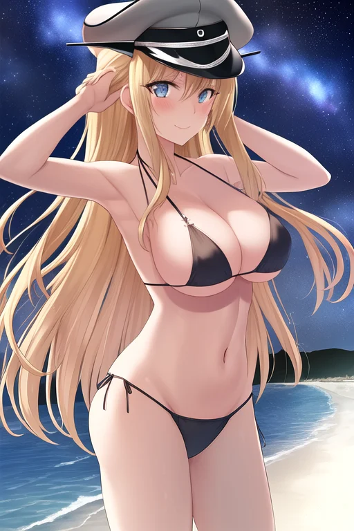 masterpiece, best quality, highres, solo, {night:1.10}, {starry sky:1.10}, beach, beautiful detailed sky, {extremely detailed background:1.20}, {bismarck_kantaicollection:1.10}, {standing:1.10}, looking at viewer, {bikini:1.30}, blonde_hair, long_hair, blue_eyes, breasts, hat, peaked_cap, large_breasts, military, blush, military_hat, light smile