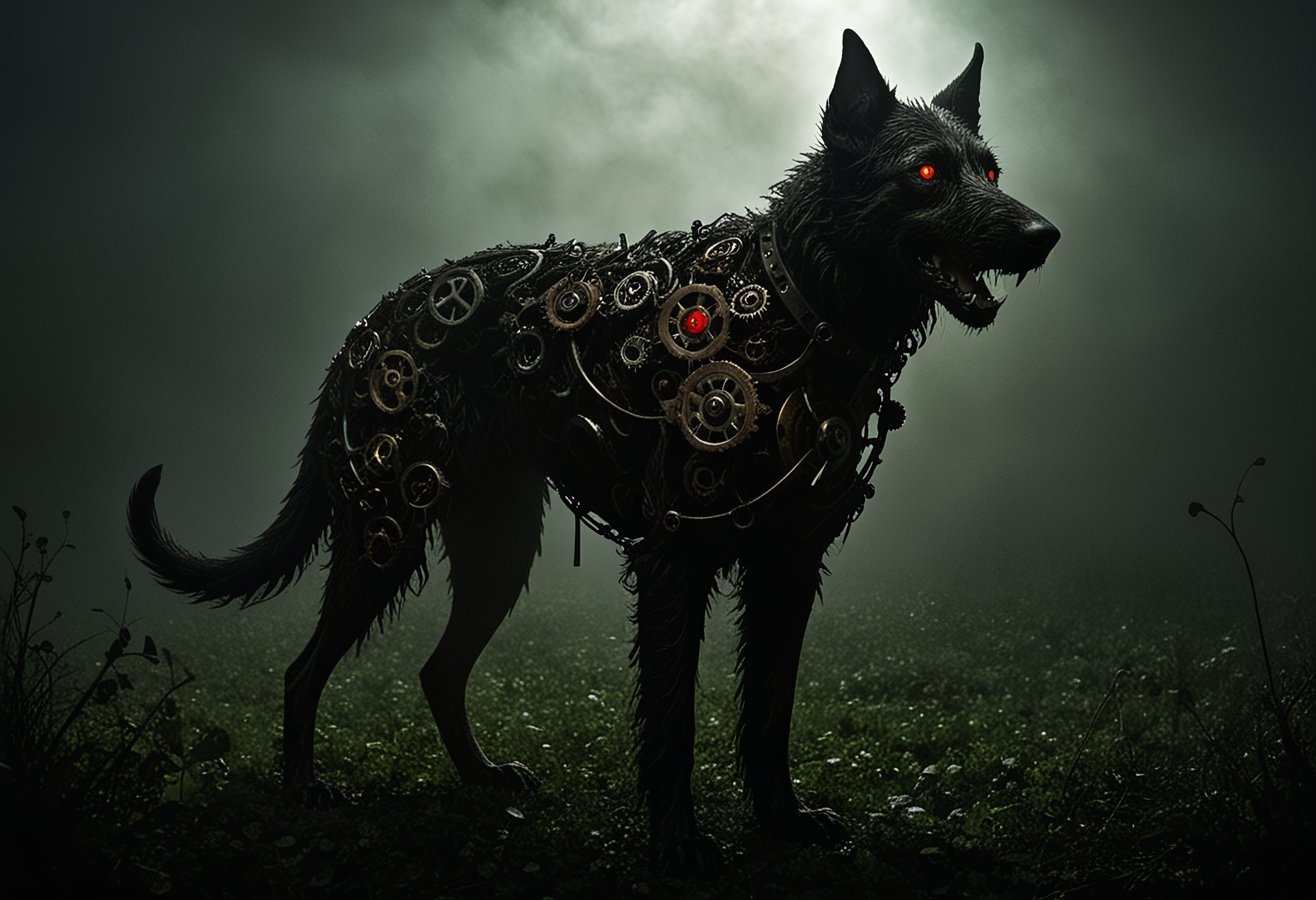 masterpiece, highly detailed, exterior, foggy night, misty field of green clover, clover around the edges, closeup, a menacing mechanical Irish wolfhound, black (fur made of gears), rusty old gears and cogs, old black iron, two glowing red eyes, looking at viewer, emerging from the dark, the black shuck of folklore, dark and menacing, portent of . <lora:gearstyle:1> <lora:zavy-cntrst-sdxl:1> dark, chiaroscuro, low-key