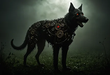 masterpiece, highly detailed, exterior, foggy night, misty field of green clover, clover around the edges, closeup, a menacing mechanical Irish wolfhound, black (fur made of gears), rusty old gears and cogs, old black iron, two glowing red eyes, looking at viewer, emerging from the dark, the black shuck of folklore, dark and menacing, portent of . <lora:gearstyle:1> <lora:zavy-cntrst-sdxl:1> dark, chiaroscuro, low-key