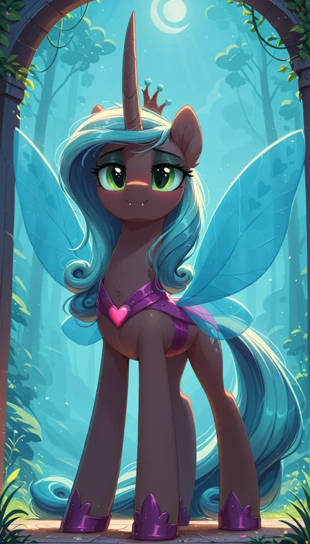 resolution,masterpiece,high resolution,my little pony,friendship is magic resolution,masterpiece,high resolution,solo,wild,pony,
female Changelings Reversalis,werepony,black body,green eyes with slit pupils,she has a long turquoise mane with curled ends. She has a sharp black horn,holey sail-like wings with a pattern of hearts on the edges,TRANSPARENT BUTTERFLY WINGS,<lora:Reversalis44:1>,