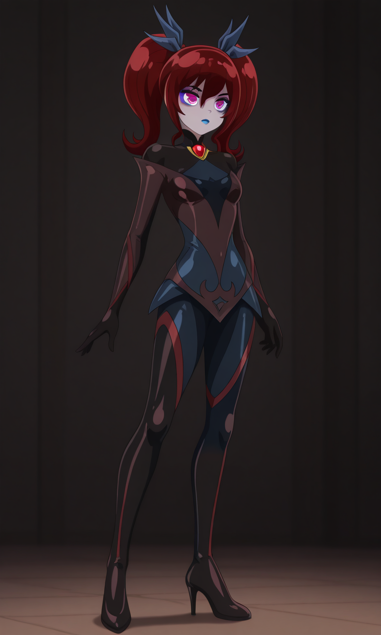 1girl, solo, zeyet, dark red hair, twintails, black hair ribbon, deep pink eyes, purple eyeshadow, blue lips, black bodysuit, red brooch, black gloves, high heels, full body ,masterpiece,best quality,amazing quality,very aesthetic,absurdres,newest,