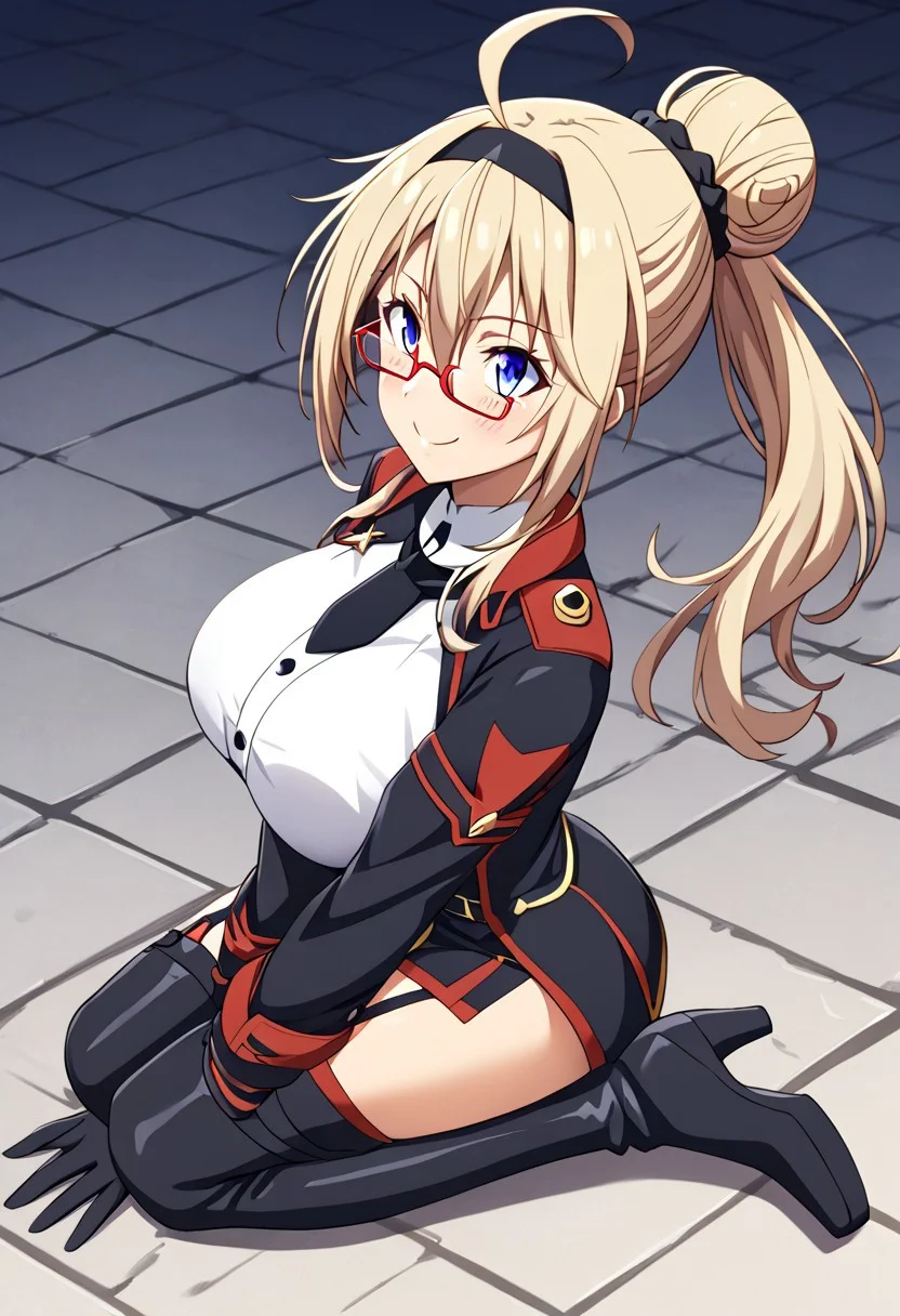 (masterpiece), best quality, perfect eyes, expressive eyes, perfect face, expressive face, perfect hands, (((((detailed hair))))), (((perfect eyes))), perfect legs, (((1 Girl))), solo, vladilena milize, bangs hair between eyes, ahoge, Vlad_Milze_v1, blue eyes, blonde hair,, ((hair bun)), ponytail, long sidelocks, ahoge, huge breasts, sasha_necron, blonde hair, blue eyes, ((hair bun)), hair between eyes, bangs, black scrunchie, ((black headband)), black necktie, gloves, long sleeves, black jacket, red stripes, white shirt, garter straps, black dress, high heels, thigh boots, red glasses, thin-rimmed glasses, <lora:ShizunaRemMisurugiK1:0.9>, Shizuna Rem Misurugi, blue eyes, blonde hair, ((hair bun)), ponytail, long sidelocks, black scrunchie, ((view up close)), ((view from side)), ((black headband)), mia feh, black hairband, ((((hair bun on both sides)))), kneeling, aroused, blushing, lustful smile