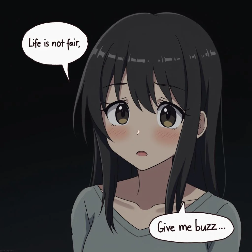 Anime, human,1girl, looking at viewer,sad, empty eyes, depressed, unhappy,suicidal, looking at viewer,dark background,she has speech bubbles that reads:"Life is not fair, give me buzz."