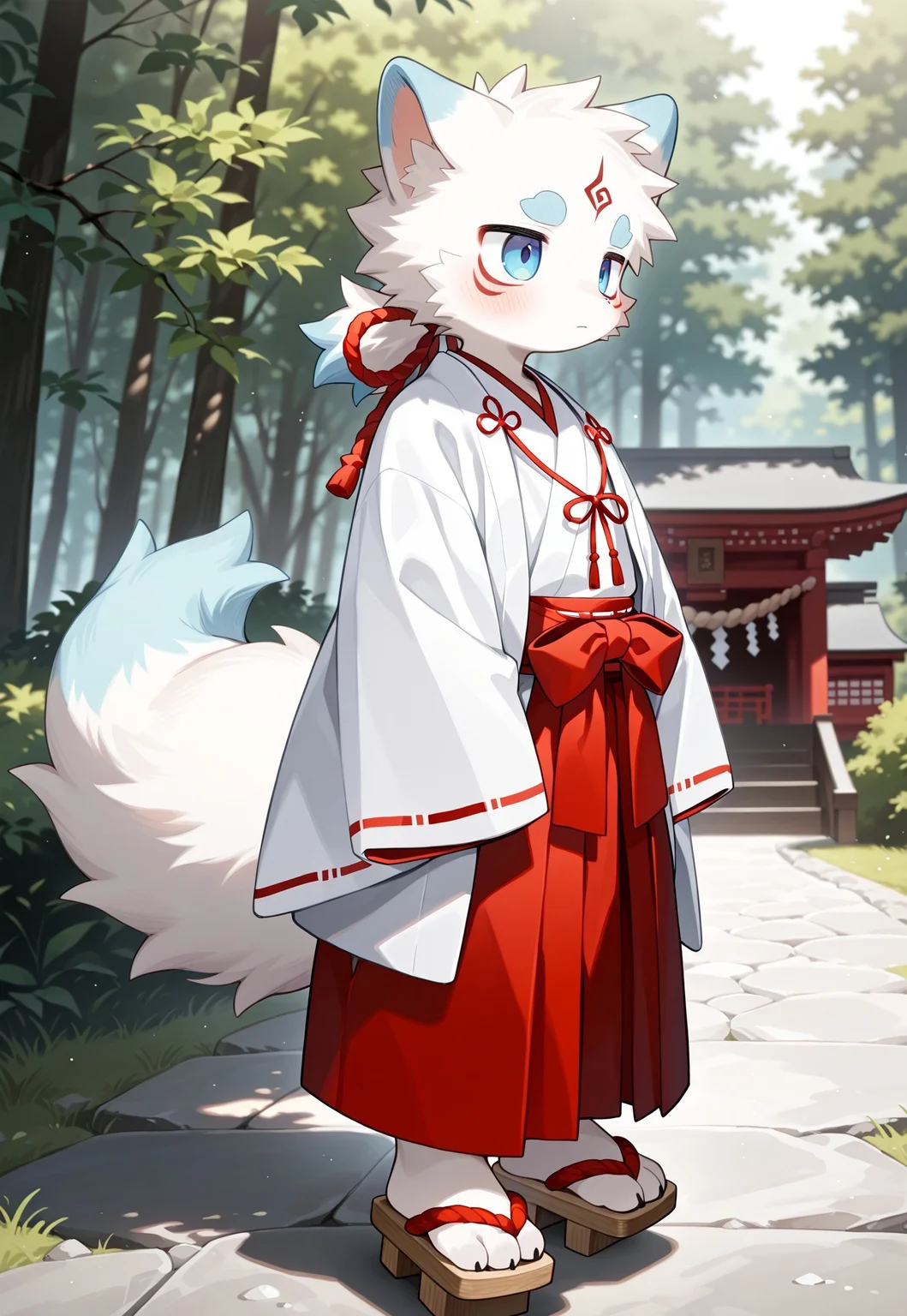 best quality, newest, masterpiece, absurdres, highres, male furry, premium, detail background, cute, depth of field, 8K, best quality, good quality, young, long fluffy tail, white fur, toned body, slim, solo, Fukakusa, furry, 1boy, male focus, blue eyes, forest background, expressionless, Miko clothing, shrine maiden, red hakama, red shimenawa, geta, white baggy robe