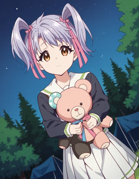 score_9, score_8_up, score_7_up, source_anime, <lora:kurumi-kumamakura-s1-ponyxl-lora-nochekaiser:1>, kurumi kumamakura, short hair, ribbon, twintails, brown eyes, hair ribbon, purple hair, pink ribbon,, skirt, long sleeves, school uniform, pleated skirt, stuffed toy, white skirt, stuffed animal, teddy bear, holding stuffed toy, camping, bonfire, tent, stargazing, marshmallows, forest clearing, night, , looking at viewer, v, v over eyes,, solo,, dutch angle,