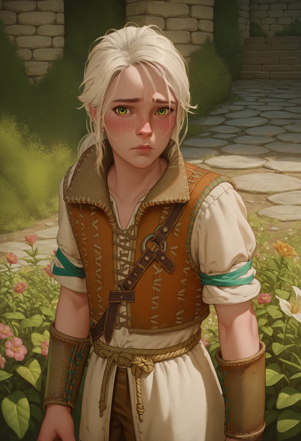 score_9, score_8_up, score_7_up, score_6_up, score_5_up, score_4_up, 1girl, <lora:YoungCiriW3:0.85> solo, skinny, green eyes, white hair, freckles, lips, vest, short sleeves, pants, bracers, looking at viewer, embarrassed, blush,
garden background, flowers