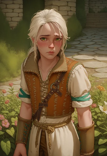 score_9, score_8_up, score_7_up, score_6_up, score_5_up, score_4_up, 1girl, <lora:YoungCiriW3:0.85> solo, skinny, green eyes, white hair, freckles, lips, vest, short sleeves, pants, bracers, looking at viewer, embarrassed, blush,
garden background, flowers