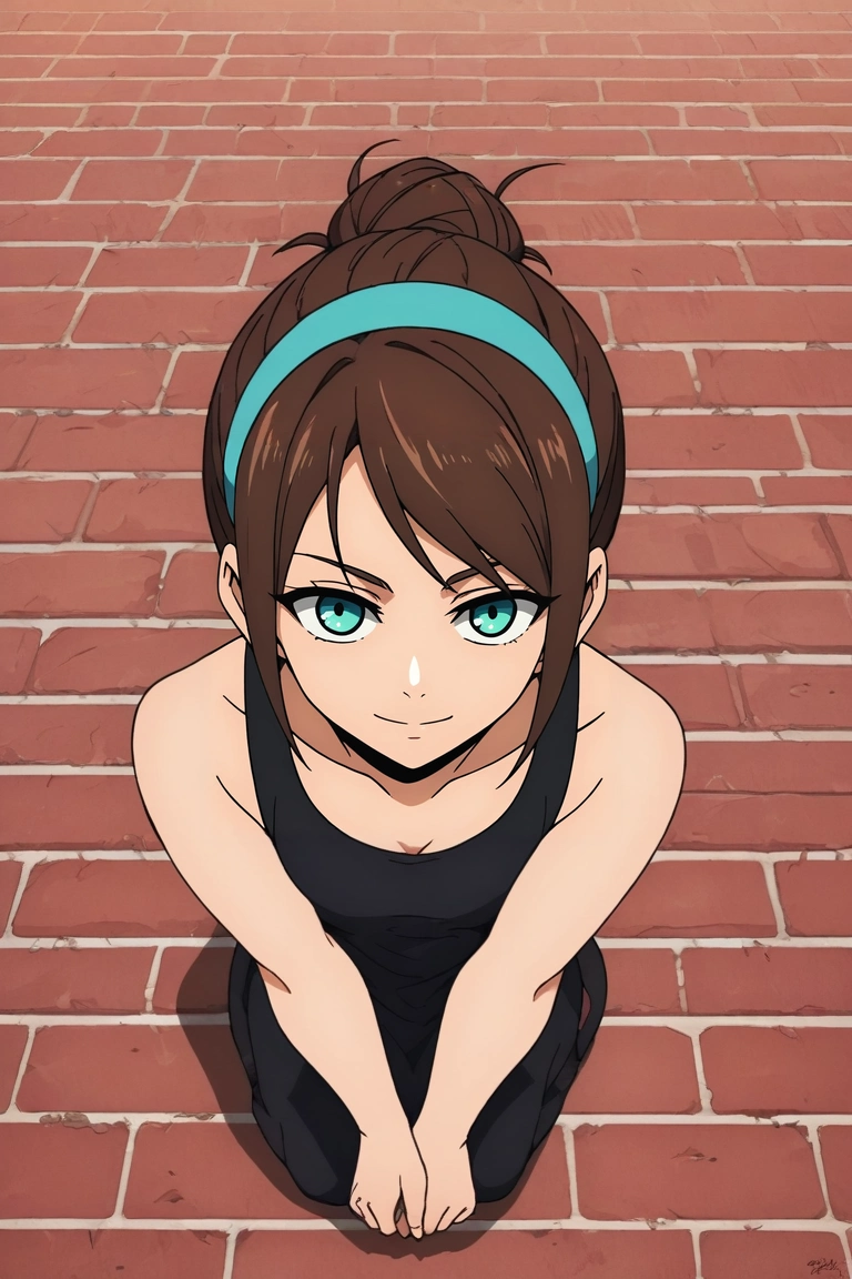 zPDXL, score_9, score_8_up, score_7_up, rating_safe, , looking at viewer, depth of field, 1girl, aquamarine eyes, medium brown hair, messy bun, hairband, ,, solo, from above, full body, hong kong \(city\), traffic signals, street lights, neon signs, indoors, v arms, light smile, <lora:kami_no_tou_style_pony:1.06>, kami_no_tou_style, , <lora:sdxl_lightning_8step_lora:1>