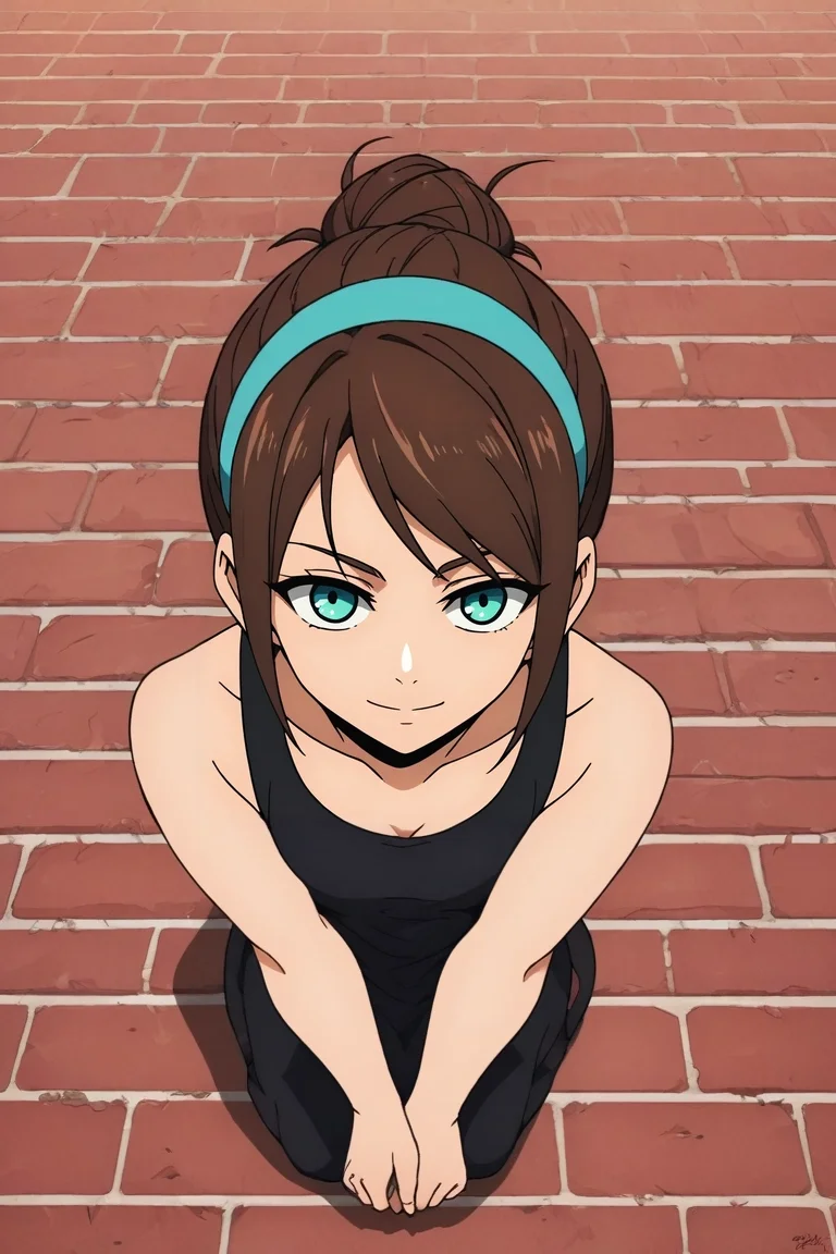 zPDXL, score_9, score_8_up, score_7_up, rating_safe, , looking at viewer, depth of field, 1girl, aquamarine eyes, medium brown hair, messy bun, hairband, ,, solo, from above, full body, hong kong \(city\), traffic signals, street lights, neon signs, indoors, v arms, light smile, <lora:kami_no_tou_style_pony:1.06>, kami_no_tou_style, , <lora:sdxl_lightning_8step_lora:1>