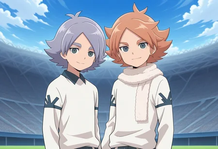 masterpiece,best quality,amazing quality, source_anime,
2boys, brothers, looking at viewer, smile,
alpine soccer unifor, white shirt, long sleeves, grey shorts,
FubukiAtsuya, 1boy, male focus, grey eyes, orange hair, BREAK
fubukishirou, 1boy, male focus, grey hair, parted bangs, grey eyes, BREAK
outdoor, sky, day, clouds,